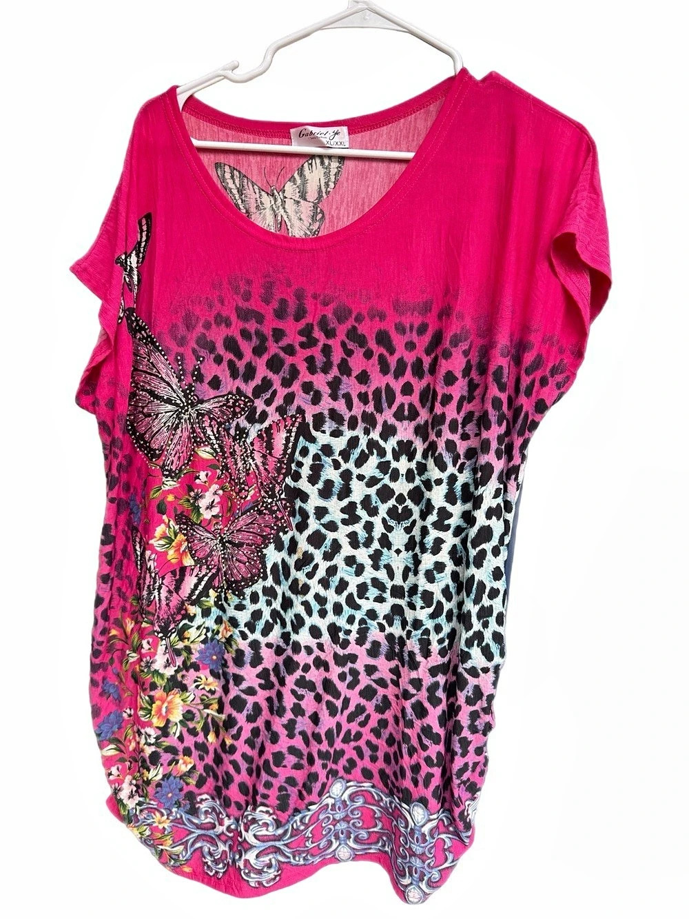Y2K Hot Pink Animal Print & Butterfly Floral T-Shirt Tunics - XL/XXL
